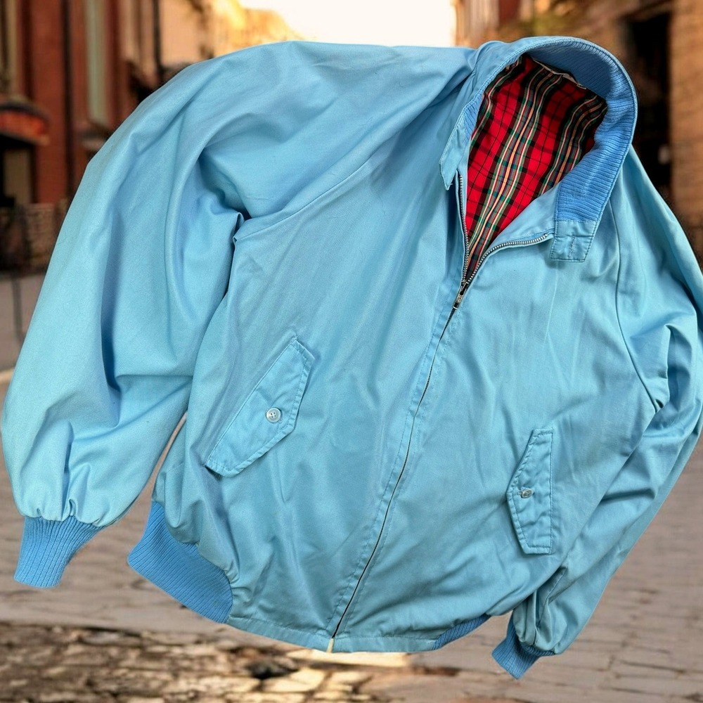 Vintage Sir Jac Jacket Mens 44 Blue Harrington Bomber Plaid Lined 1970s